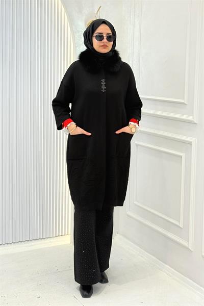 Büyük Beden Kürk Yaka Angora Kaban Siyah OTW13668