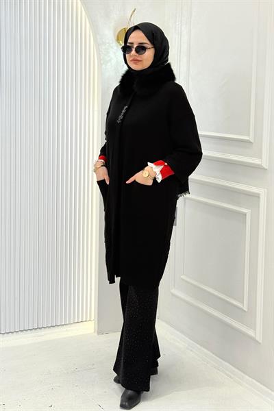 Büyük Beden Kürk Yaka Angora Kaban Siyah OTW13668