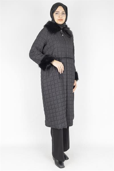 Büyük Beden Kürk Yakalı Kapitone Kışlık Kap Siyah OTW567