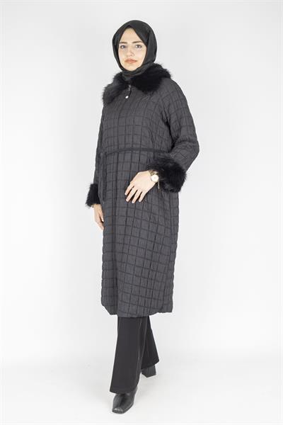 Büyük Beden Kürk Yakalı Kapitone Kışlık Kap Siyah OTW567