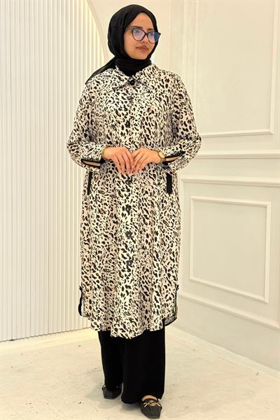 Büyük Beden Leopar Desenli Düğmeli Uzun Gömlek Tunik Ekru OTW605