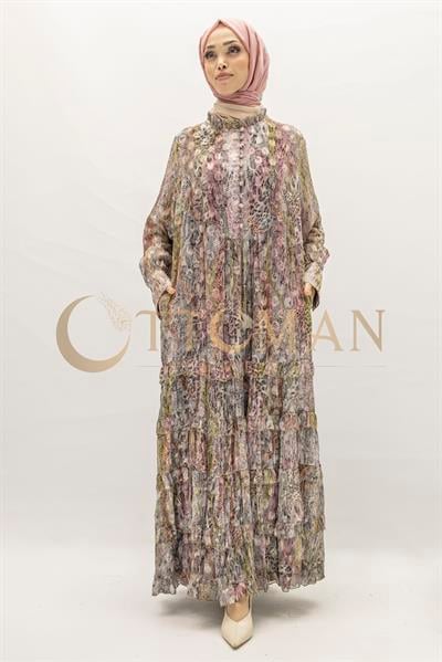 Büyük Beden Leopar Desenli Elbise Pembe OTW5867