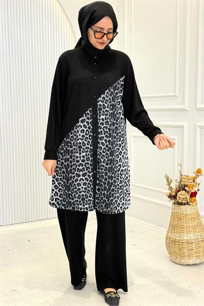 Büyük Beden Leopar Detaylı Pantolon Takım Siyah OTW26619