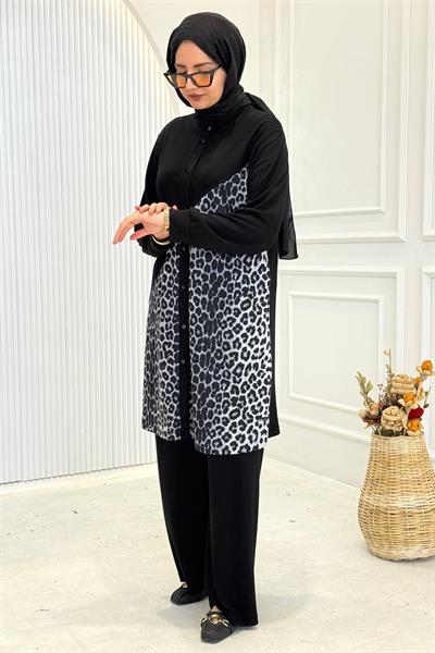 Büyük Beden Leopar Detaylı Pantolon Takım Siyah OTW26619