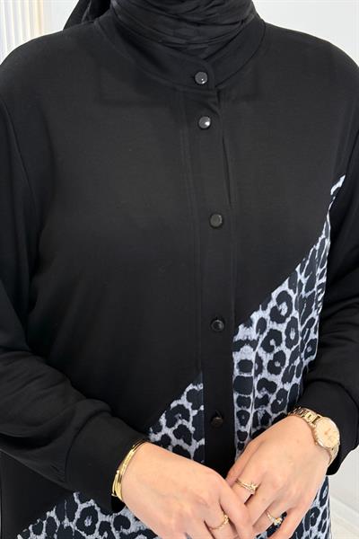 Büyük Beden Leopar Detaylı Pantolon Takım Siyah OTW26619