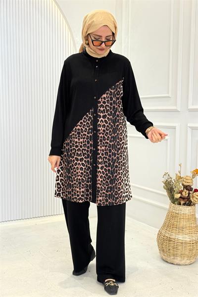Büyük Beden Leopar Detaylı Pantolon Takım Kahve OTW26619
