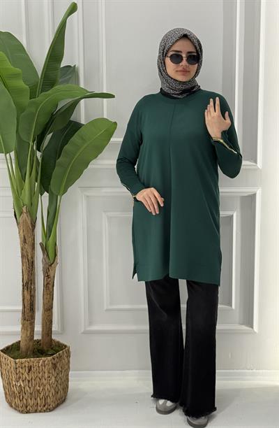 Büyük Beden Merserize Fermuarlı Kol Tunik Zümrüt OTW1042
