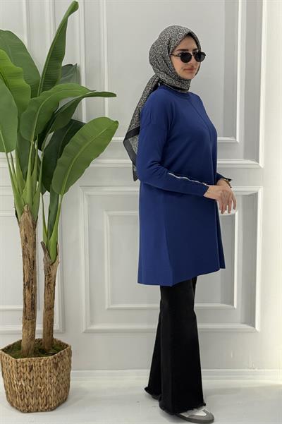 Büyük Beden Merserize Fermuarlı Kol Tunik İndigo OTW1042