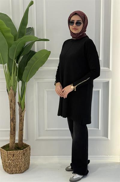 Büyük Beden Merserize Fermuarlı Kol Tunik Siyah OTW1042