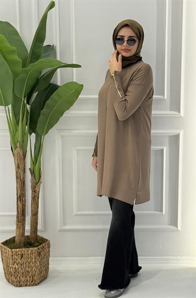 Büyük Beden Merserize Fermuarlı Kol Tunik Koyu Vizon OTW1042