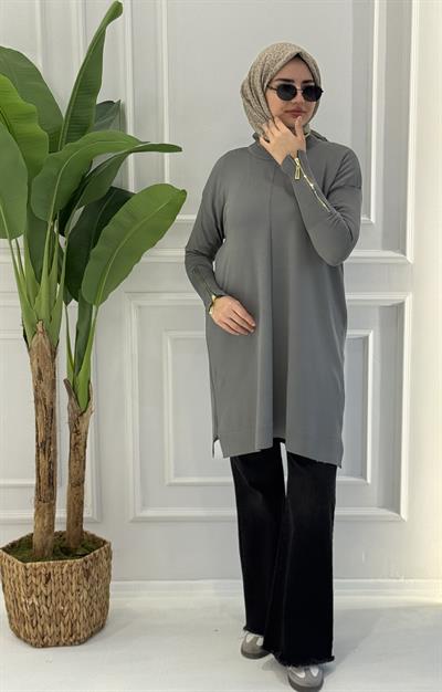 Büyük Beden Merserize Fermuarlı Kol Tunik Gri OTW1042