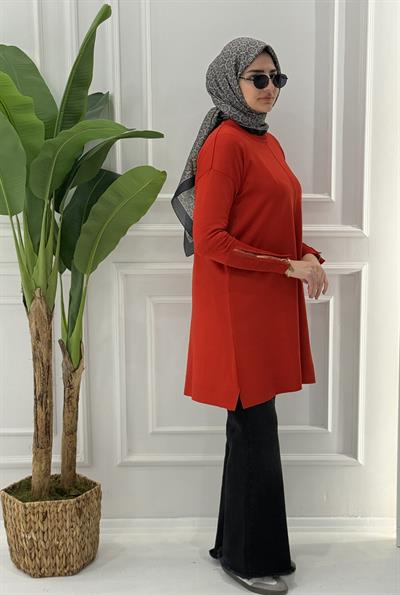 Büyük Beden Merserize Fermuarlı Kol Tunik Mercan OTW1042