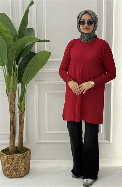 Büyük Beden Merserize Fermuarlı Kol Tunik Kırmızı OTW1042