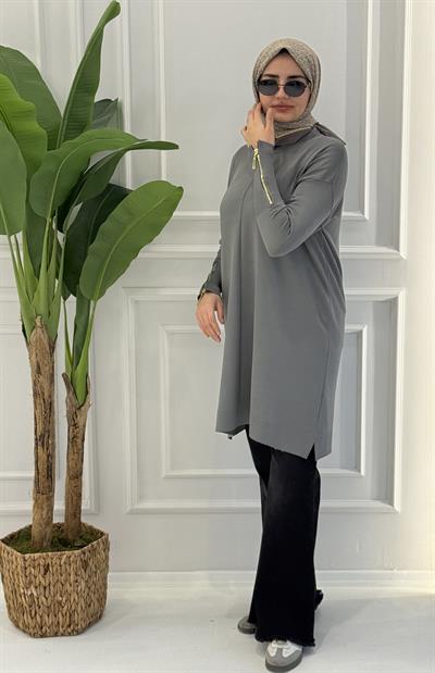 Büyük Beden Merserize Fermuarlı Kol Tunik Gri OTW1042