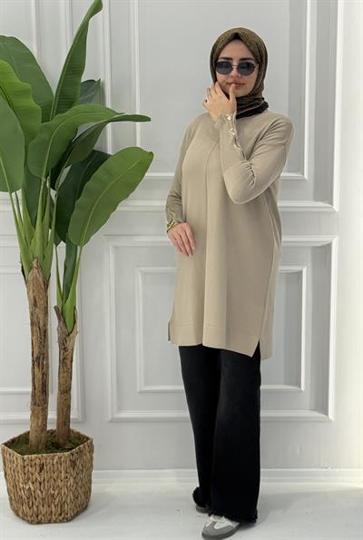 Büyük Beden Merserize Fermuarlı Kol Tunik Açık Vizon OTW1042
