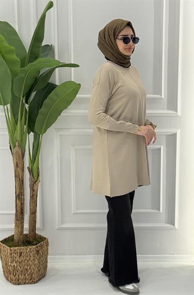 Büyük Beden Merserize Fermuarlı Kol Tunik Açık Vizon OTW1042
