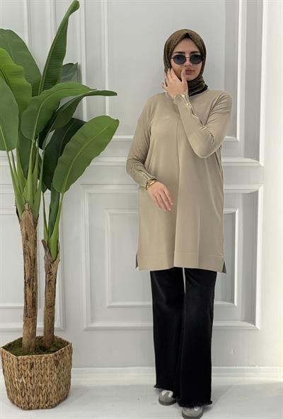 Büyük Beden Merserize Fermuarlı Kol Tunik Açık Vizon OTW1042