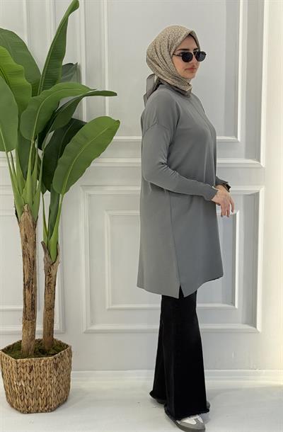 Büyük Beden Merserize Fermuarlı Kol Tunik Gri OTW1042