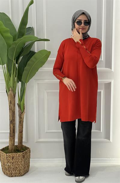 Büyük Beden Merserize Fermuarlı Kol Tunik Mercan OTW1042