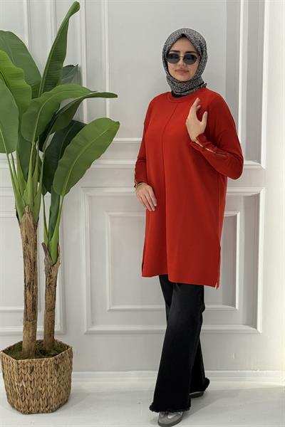 Büyük Beden Merserize Fermuarlı Kol Tunik Mercan OTW1042