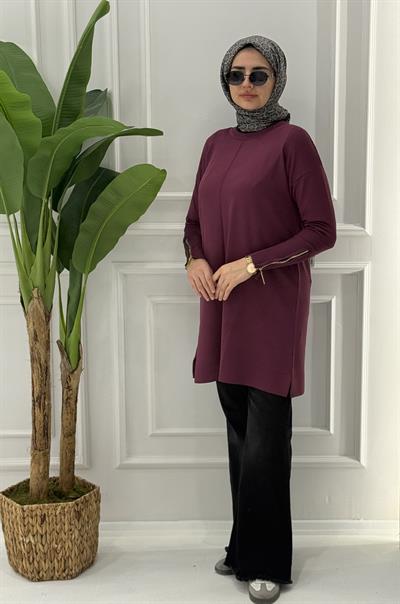 Büyük Beden Merserize Fermuarlı Kol Tunik Mor OTW1042