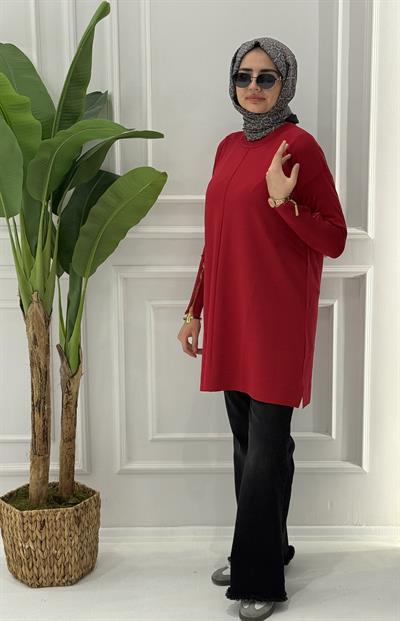 Büyük Beden Merserize Fermuarlı Kol Tunik Kırmızı OTW1042