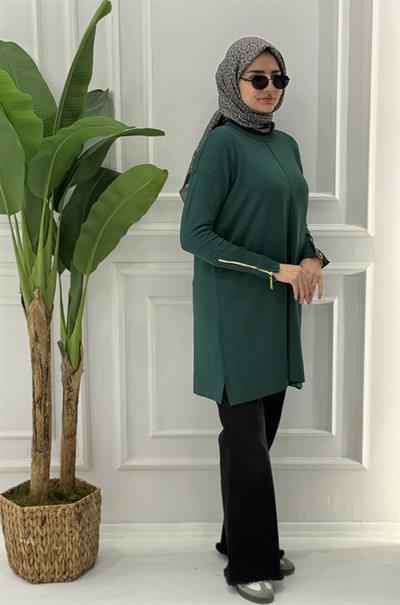 Büyük Beden Merserize Fermuarlı Kol Tunik Zümrüt OTW1042
