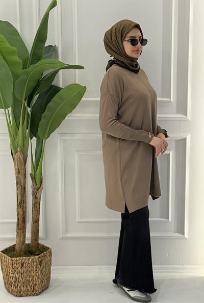 Büyük Beden Merserize Fermuarlı Kol Tunik Koyu Vizon OTW1042