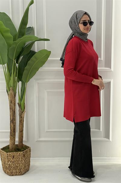 Büyük Beden Merserize Fermuarlı Kol Tunik Kırmızı OTW1042