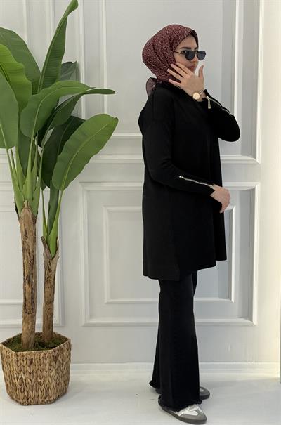 Büyük Beden Merserize Fermuarlı Kol Tunik Siyah OTW1042