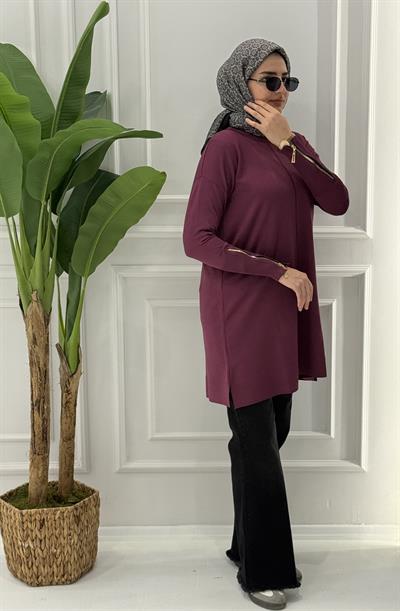 Büyük Beden Merserize Fermuarlı Kol Tunik Mor OTW1042