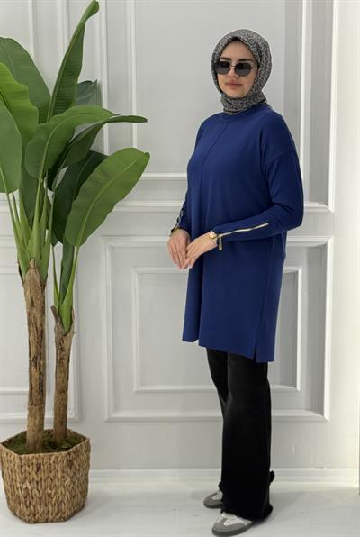 Büyük Beden Merserize Fermuarlı Kol Tunik İndigo OTW1042