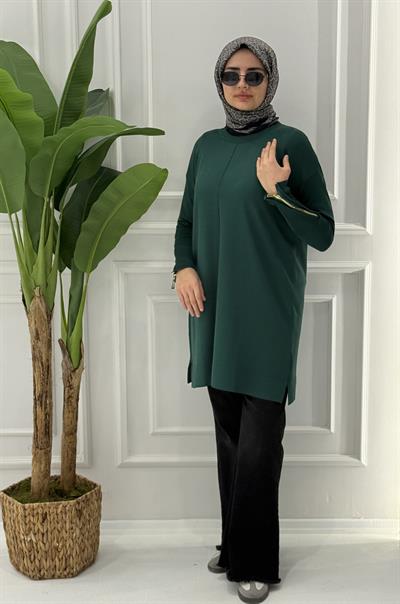 Büyük Beden Merserize Fermuarlı Kol Tunik Zümrüt OTW1042