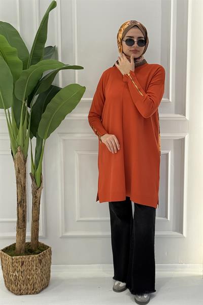 Büyük Beden Merserize Fermuarlı Kol Tunik Oranj OTW1042