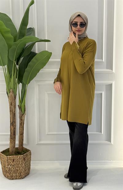 Büyük Beden Merserize Fermuarlı Kol Tunik Hardal OTW1042