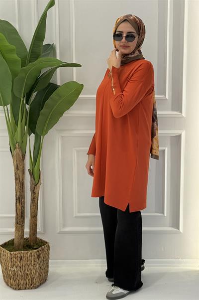 Büyük Beden Merserize Fermuarlı Kol Tunik Oranj OTW1042