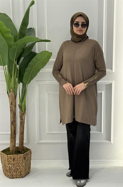 Büyük Beden Merserize Fermuarlı Kol Tunik Koyu Vizon OTW1042