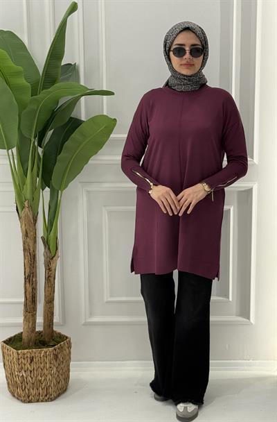 Büyük Beden Merserize Fermuarlı Kol Tunik Mor OTW1042