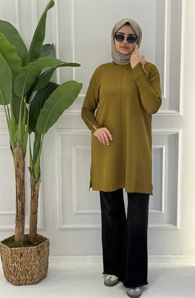 Büyük Beden Merserize Fermuarlı Kol Tunik Hardal OTW1042