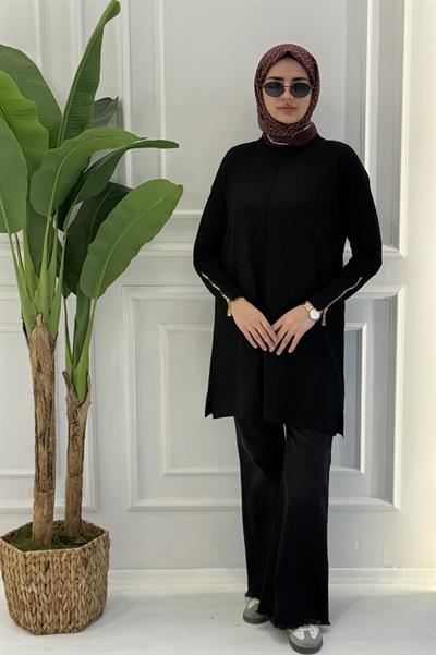 Büyük Beden Merserize Fermuarlı Kol Tunik Siyah OTW1042