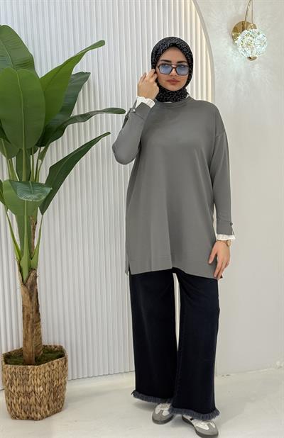 Büyük Beden Merserize Piliseli Kol Tunik Gri OTW1041