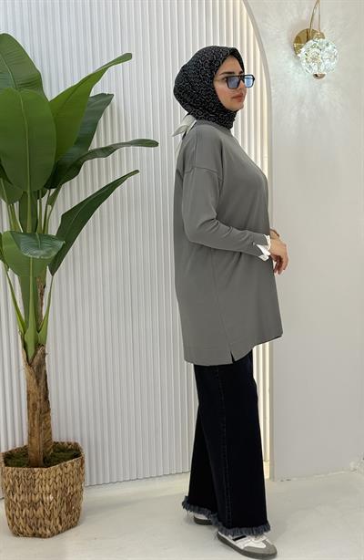 Büyük Beden Merserize Piliseli Kol Tunik Gri OTW1041