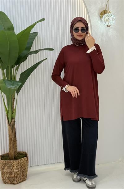Büyük Beden Merserize Piliseli Kol Tunik Bordo OTW1041