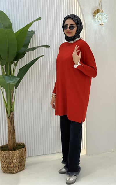 Büyük Beden Merserize Piliseli Kol Tunik Mercan OTW1041