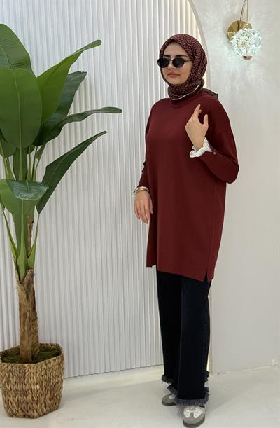 Büyük Beden Merserize Piliseli Kol Tunik Bordo OTW1041
