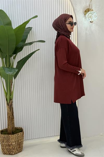 Büyük Beden Merserize Piliseli Kol Tunik Bordo OTW1041