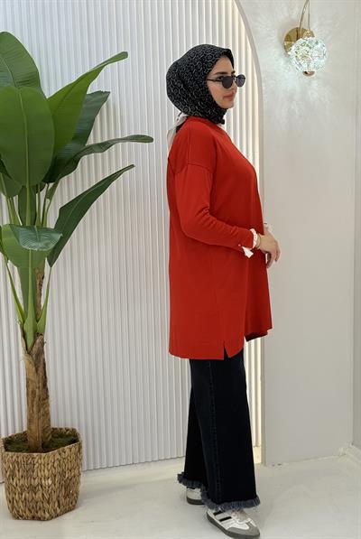 Büyük Beden Merserize Piliseli Kol Tunik Mercan OTW1041