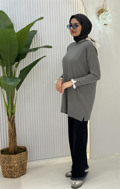 Büyük Beden Merserize Piliseli Kol Tunik Gri OTW1041