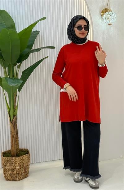 Büyük Beden Merserize Piliseli Kol Tunik Mercan OTW1041