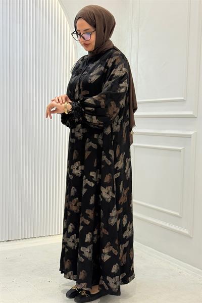 Büyük Beden Modern Desenli Uzun Tesettür Elbise Desenli OTW9377